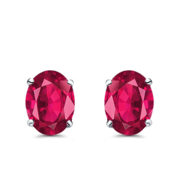 Art Deco Oval Wedding Bridal Solitaire Stud Earrings Simulated Ruby CZ 925 Sterling Silver-8mmx6mm